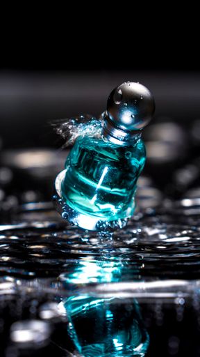 A closeup of cologne bottle falling in water
