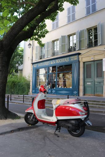 A red and white scooter in Paris on the street under a tree in front of a shop