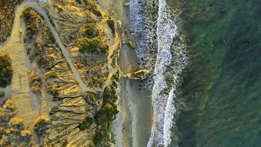 An aerial shot of a beautiful beach with sand and green trees