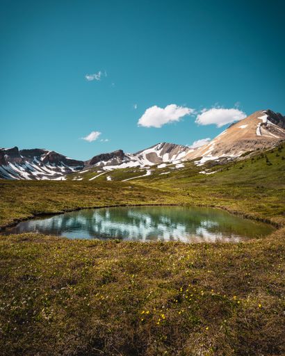 A vertical shot of a small pond in a grass land surrounded by snow-covered mountains