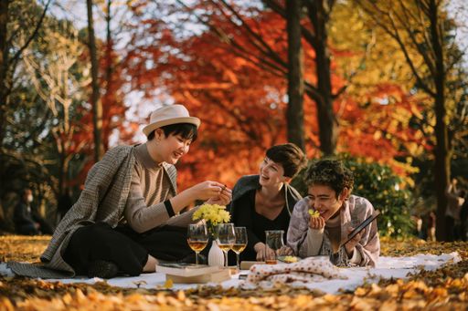The happy friends having a picnic in an autumn park in Tokyo, Japan