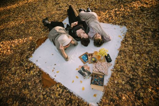 A picnic with friends in the nature on an autumn day in Tokyo,Japan