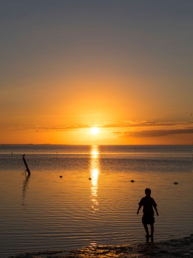 A vertical shot of a boy at the beach during sunset in Florida, USA