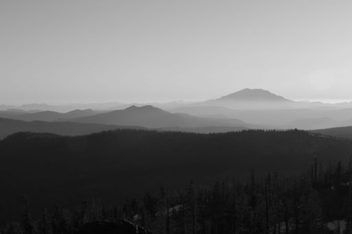Picturesque mountain landscape. Beautiful view of the mountain range covered with greenery under foggy sky. Grayscale