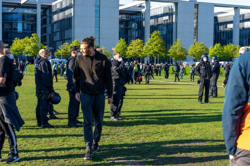 BERLIN, GERMANY May 01, 2020. Berlin Demo against Covid 19 with Police.