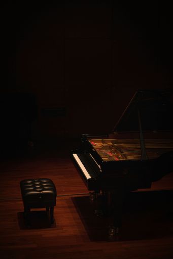A vertical shot of the Steinway & Sons grand piano in a recital hall in Hong Kong