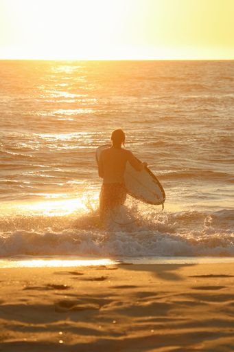 A vertical shot of surfer holding surfboard and walking in sea during sunset