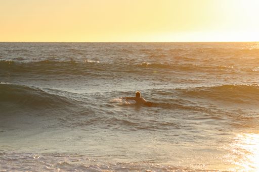 A back view of male riding on surfboard in sea during sunset