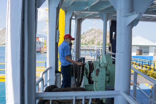 Kayangan, North Lombok, Indonesia - July 9, 2022: ASDP ferry ships that will dock on the Kayangan harbor