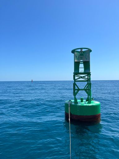 A vertical shot of a green buoy in a calm blue sea under a bright cloudless sky on a sunny day