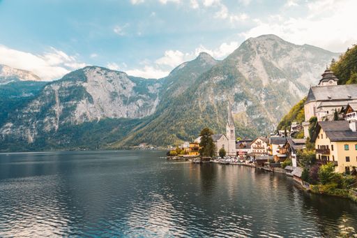 An aerial beautiful shot of a lake in Hallstatt, Austria
