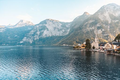 An aerial beautiful shot of a lake in Hallstatt, Austria