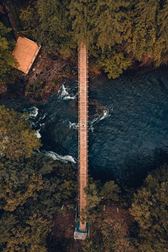 A vertical bird's eye view of a wooden cable bridge near a cabin surrounded by dark trees in a forest