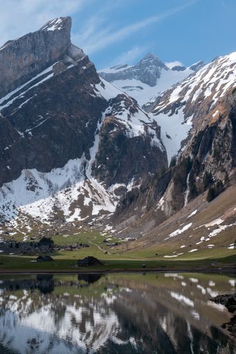 The Alpstein with the Seealpsee in front on a beautiful day