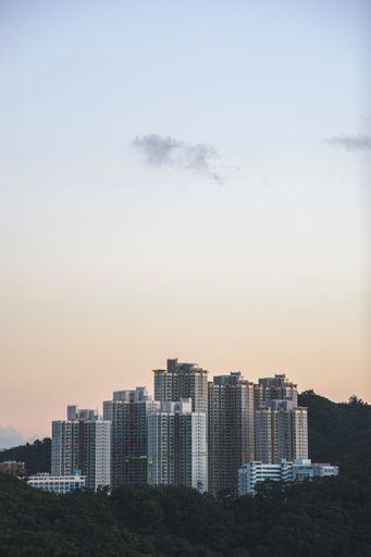 A beautiful view of high-rise buildings on Tsing Yi island at sunrise, Hong Kong