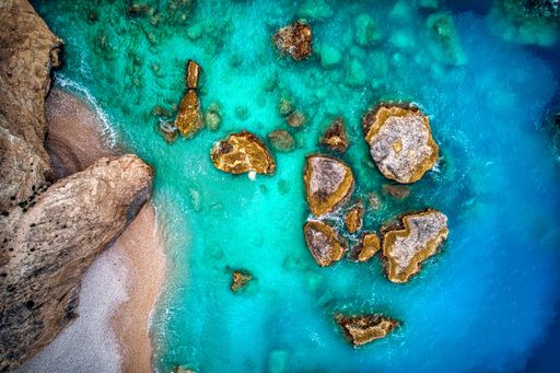 An aerial view of Porto Katsiki Beach in Lefkada, Greece