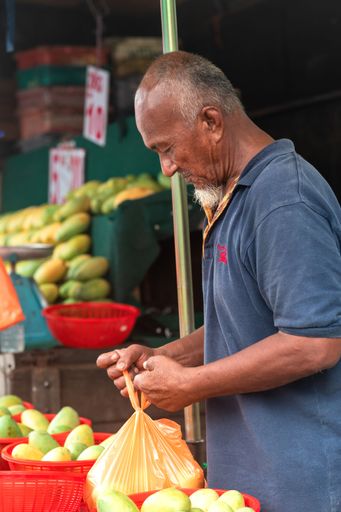 A seller wraps the fresh mangoes at the stall.