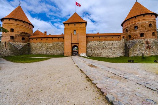The image shows the famous Castle on the island of Trakai in Lithuania which was built in the 14th century