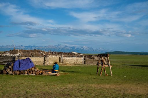 A back view of a person from the Tsaatan herding tribe sitting near a pile of wood in rural Mongolia