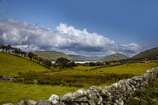 A beautiful shot of the field near the Lough Nafooey lake near Finny in County Mayo, Ireland
