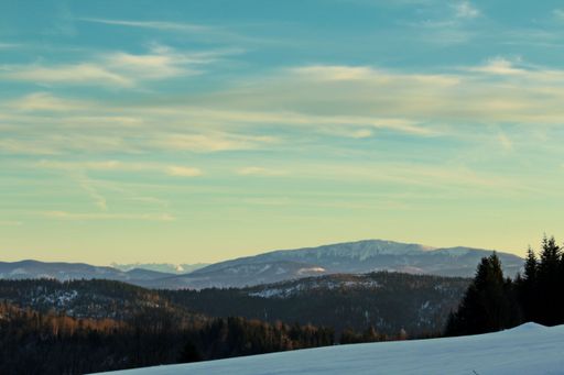 A scenic view of hills covered with snow and pine forests under a cloudy blue sky