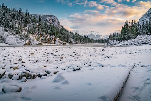 A beautiful winter scenery in a forest surrounded by hills under the cloudy sky