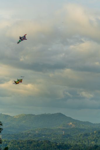 A vertical shot of 2 colorful kites flying over mountains in cloudy weather