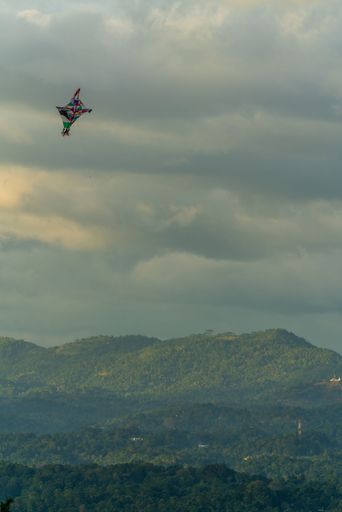 A vertical shot of a colorful kite flying over mountains in cloudy weather