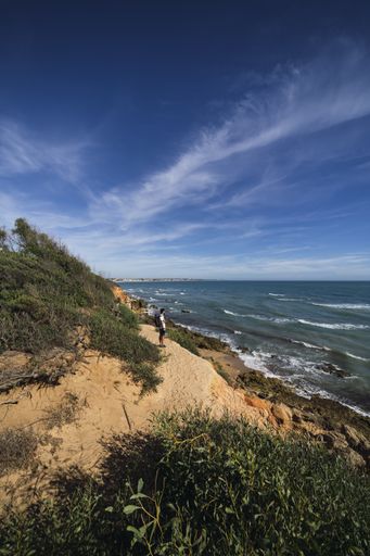 A vertical shot of a person standing on the Chiclana beach surrounded by greenery and sea in Cadiz, Spain
