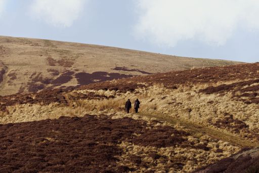 A view of two travelers walking in the picturesque valley, Bamburgh, Scotland, UK
