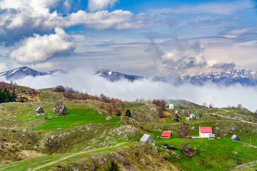 A mesmerizing view of houses in mountains in Durmitor National Park, Montenegro