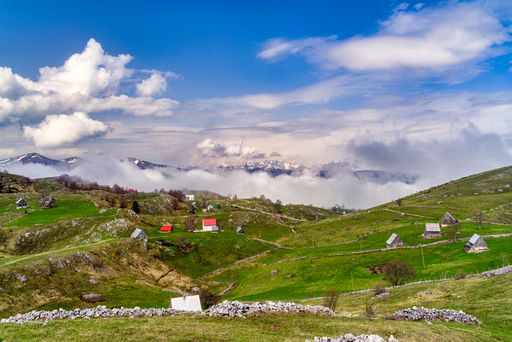 A mesmerizing view of houses in mountains in Durmitor National Park, Montenegro