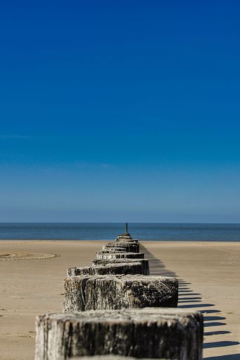 A vertical shot of wooden poles with shadow on a sand at a beach and a sea in the background