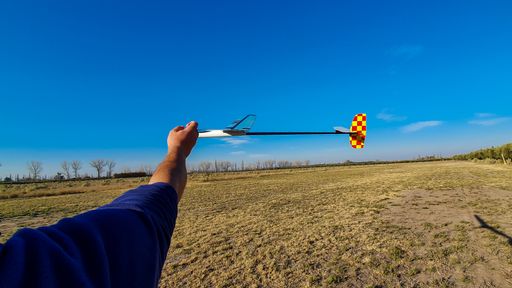A closeup of a man holding a radio-controlled model aircraft during a competition