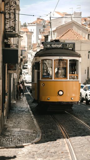 A vertical shot of Popular yellow train in Portugal, Lisbon city