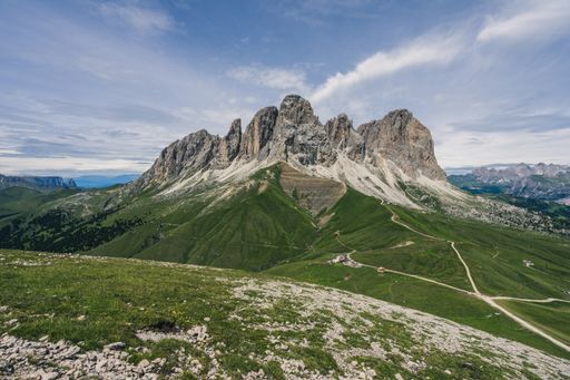 Beautiful summer mountain view of Passo Sella and high peak Sassopiatto and Sassolungo, Langkofel, Dolomiti, Sella group