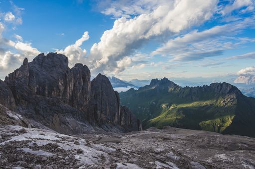 A beautiful shot of the beautiful mountainous scenery in the North face of Marmolada, Italy, Dolomites