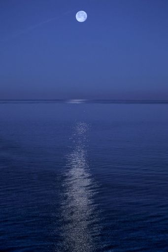 A vertical shot of moonset and moon reflection over the Black sea water, Batumi, Georgia