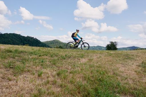 A cyclist riding high above the Toss Valley in Zurich, Switzerland
