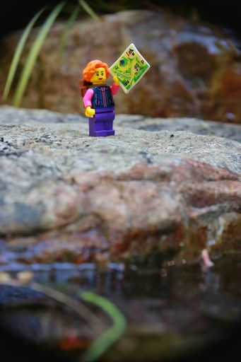 A lego toy of the female hiki figure standing on a rock holding a map