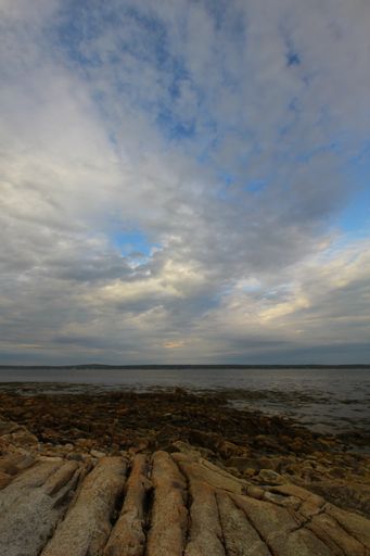 A beautiful vertical shot of a rocky seashore with the sea under a cloudy sky