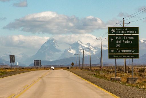 Travelling in Chile`s patagonia near Puerto Natales with andes mountains and Mt Balmaceda straight ahead, on the way to Torres del Paine national park