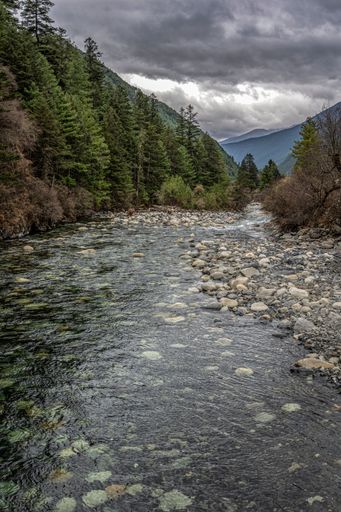 A vertical low-angle of Gravel beach of Jiulong river leading to the mountains, trees on both sides, stones on the floor, cloudy sky background
