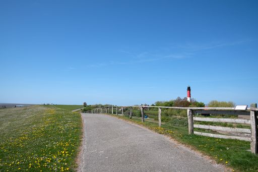 A panoramic view of the landscape along the dikes of Pellworm, North Frisia, Germany