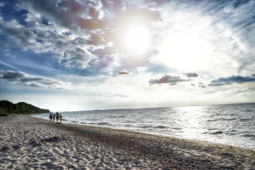 A beautiful view of a group of people walking on a calm sandy beach on a sunny day