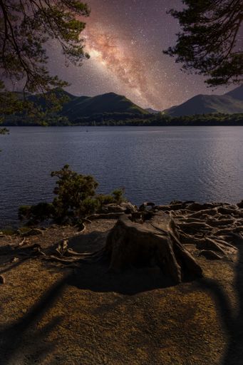 Milky way at Derwent Water lake, in the Lake District National Park, England