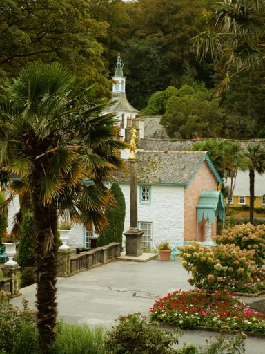 A shot of colorful houses in Portmeirion village in Wales, UK