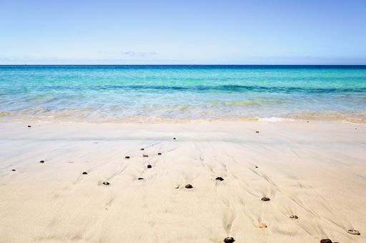 A beautiful shot of a blue sea, stones in the sand on the beach