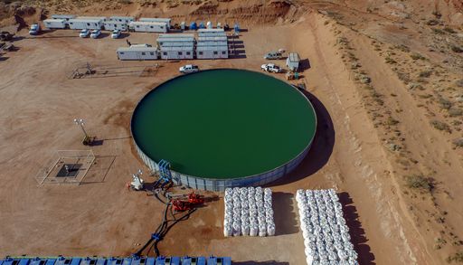 An aerial view of water and sand for hydraulic fracturing for oil extraction in Vaca Muerta, Argentina