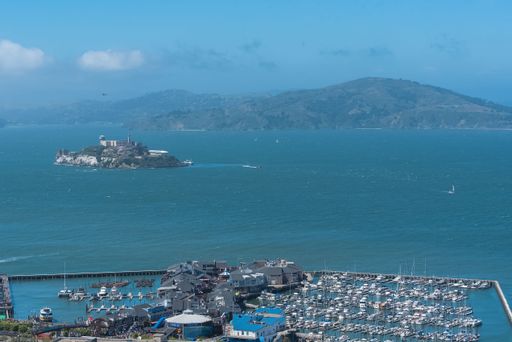 San Francisco in California, the Alcatraz island in the beautiful bay, and the Pier 39 with the marina